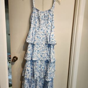 Elegant Blue and White Floral Maxi Dress